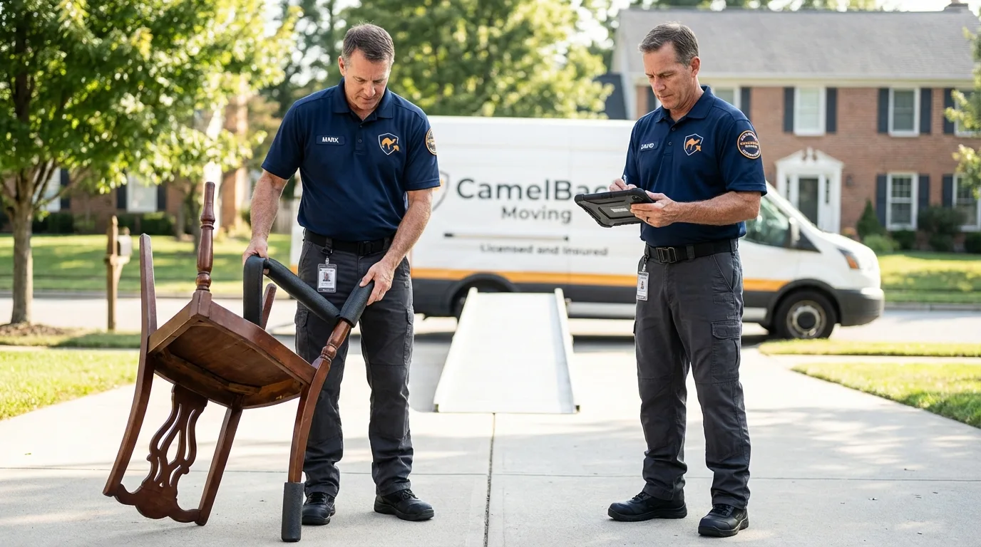 Movers inspecting furniture for damage prevention before loading in Hatfield, PA