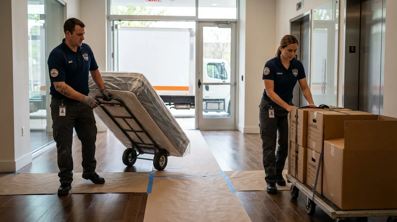 Professional apartment movers loading elevator in Hatfield, PA